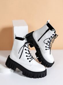 Lace-up Front Zipper Side Flatform Combat Boots - White - View 3