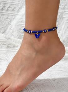 邪惡之眼細節蝴蝶墜飾串珠腳鏈 - 寶藍色 - 查看 1
