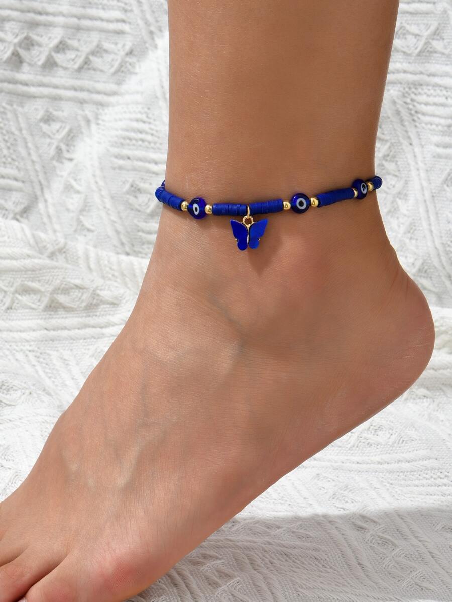 邪惡之眼細節蝴蝶墜飾串珠腳鏈 - 寶藍色 - 查看 1