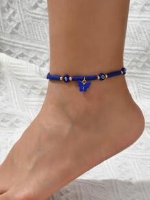 邪惡之眼細節蝴蝶墜飾串珠腳鏈 - 寶藍色 - 查看 3