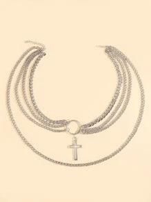 交叉吊墜多層次項鍊 - 銀色 - 查看 2