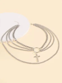 交叉吊墜多層次項鍊 - 銀色 - 查看 3