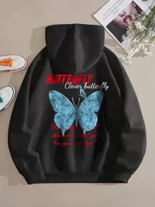 SHEIN EZwear 標語和蝴蝶印花袋鼠口袋抽繩保暖連帽衫 - 黑色 - 查看 1