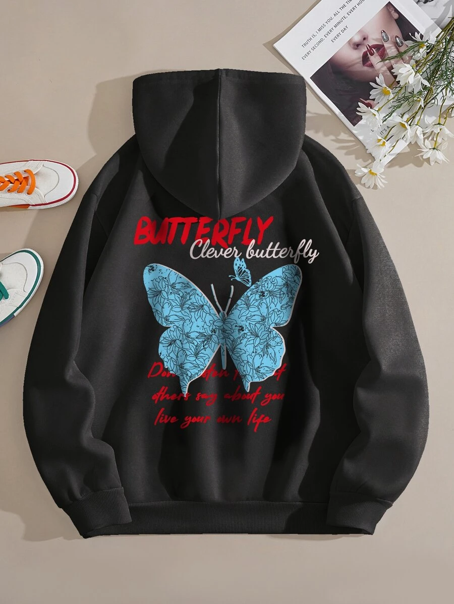 SHEIN EZwear 標語和蝴蝶印花袋鼠口袋抽繩保暖連帽衫 - 黑色 - 查看 1