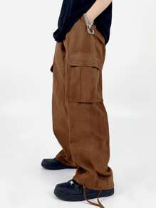 Manfinity Hypemode Men Flap Pocket Side Drawstring Waist Cargo Trousers - Brown - View 1