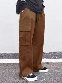 Manfinity Hypemode Men Flap Pocket Side Drawstring Waist Cargo Trousers - Brown - View 4