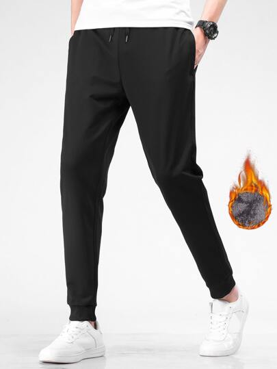 Men Solid Drawstring Waist Thermal Lined Pants