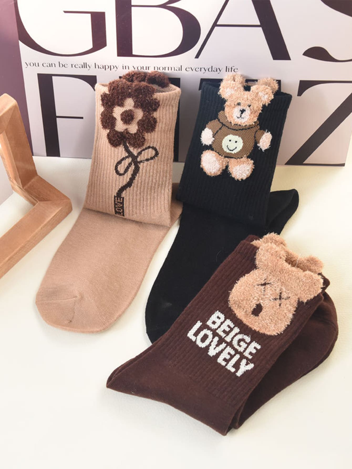 3pairs Cartoon Bear Graphic Crew Socks - Nhiều màu - Xem 1