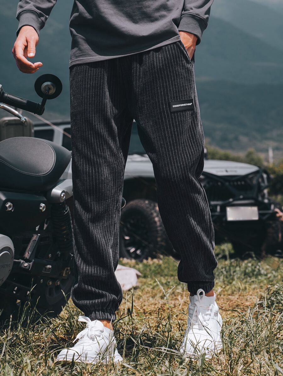 Men Letter Patched Detail Drawstring Waist Corduroy Trousers - Dark Grey - View 1
