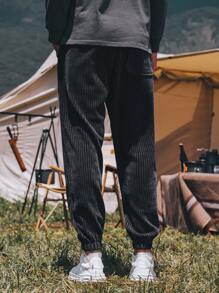 Men Letter Patched Detail Drawstring Waist Corduroy Trousers - Dark Grey - View 2