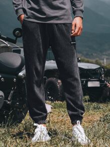 Men Letter Patched Detail Drawstring Waist Corduroy Trousers - Dark Grey - View 3