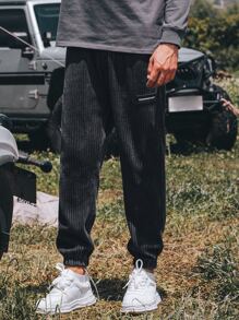 Men Letter Patched Detail Drawstring Waist Corduroy Trousers - Dark Grey - View 5