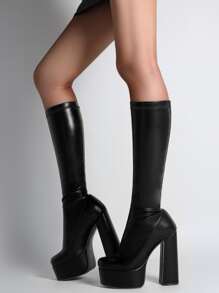 女士黑色極簡防水台靴子,優雅方頭粗跟彈力靴 - 黑色 - 查看 5