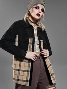 SHEIN LUNE 大碼格紋翻蓋口袋外套