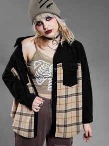 SHEIN LUNE 大碼格紋翻蓋口袋外套