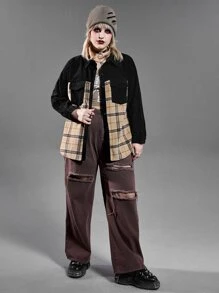 SHEIN LUNE 大碼格紋翻蓋口袋外套