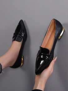 Mocasines minimalistas del penique del dedo del pie del punto, zapatos planos del color sólido de las mujeres elegantes negras - Negro - Ver 1