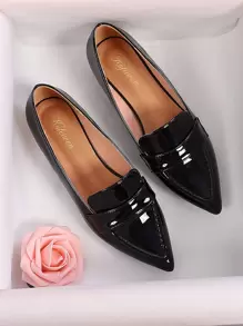 Mocasines minimalistas del penique del dedo del pie del punto, zapatos planos del color sólido de las mujeres elegantes negras - Negro - Ver 2