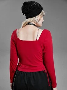 PUNK Plus Square Neck Chain Detail Tee - Red - View 2