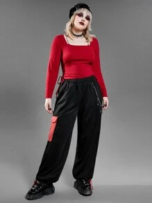 PUNK Plus Square Neck Chain Detail Tee - Red - View 5