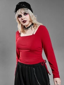 PUNK Plus Square Neck Chain Detail Tee - Red - View 4