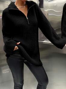 SHEIN Unity Drop Shoulder Zip Half Placket Jumper - Black - View 3