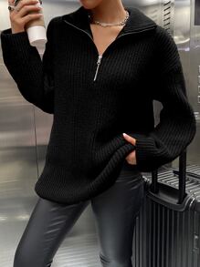 SHEIN Unity Drop Shoulder Zip Half Placket Jumper - Black - View 4