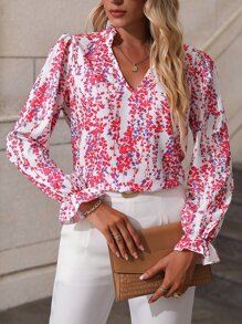 SHEIN Clasi Ditsy Floral Flounce Sleeve Blouse - Pink - View 1