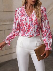 SHEIN Clasi Ditsy Floral Flounce Sleeve Blouse - Pink - View 4