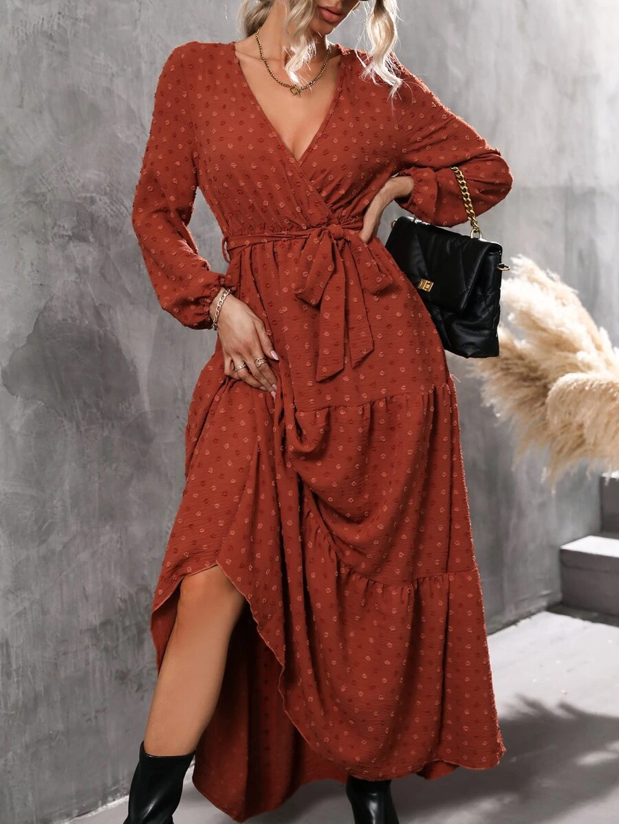 SHEIN Clasi Swiss Dot Lantern Sleeve Ruffle Hem Belted Dress - Rust Brown - View 1