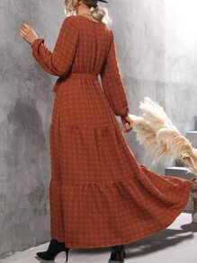 SHEIN Clasi Swiss Dot Lantern Sleeve Ruffle Hem Belted Dress - Rust Brown - View 2