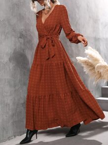 SHEIN Clasi Swiss Dot Lantern Sleeve Ruffle Hem Belted Dress - Rust Brown - View 3