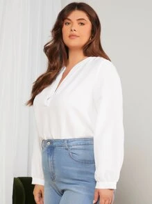 SHEIN Clasi 大碼缺口領燈籠袖襯衫 - 白色 - 查看 3