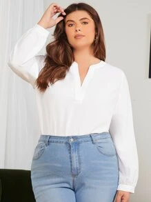 SHEIN Clasi 大碼缺口領燈籠袖襯衫 - 白色 - 查看 4