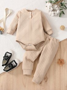 Baby Cable Textured Baseball Collar Bodysuit & Joggers - Apricot - View 1
