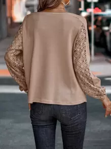 SHEIN LUNE Solid Lace Sleeve Tee - Dusty Pink - View 2