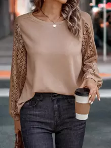 SHEIN LUNE Solid Lace Sleeve Tee - Dusty Pink - View 4