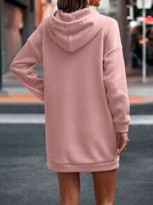 SHEIN LUNE Kangaroo Pocket Drop Shoulder Drawstring Hoodie Dress - Dusty Pink - View 2