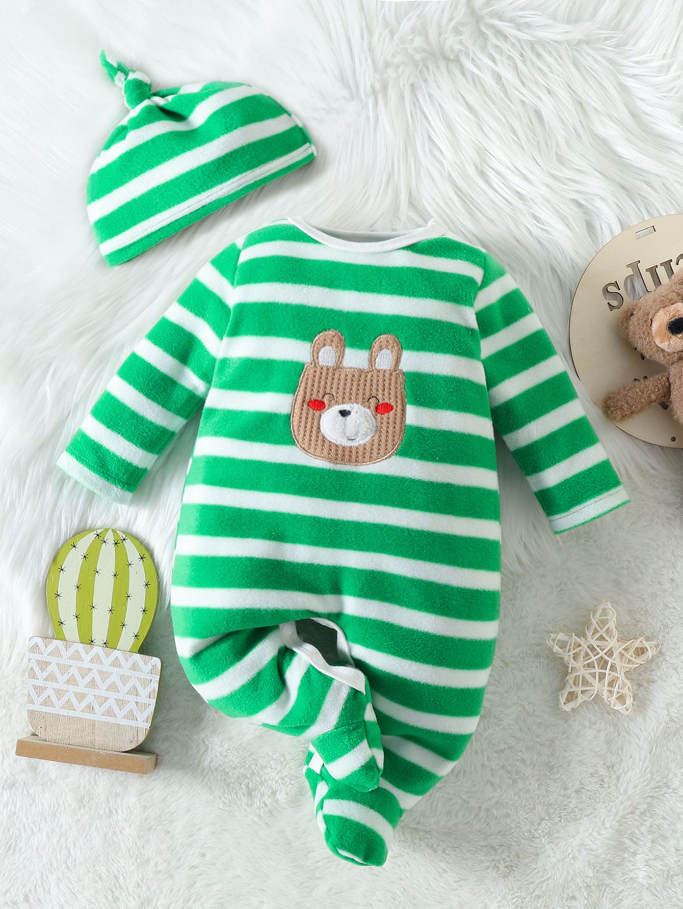 Baby Striped & Cartoon Graphic Footed Sleep Jumpsuit - Multicolor - View 1