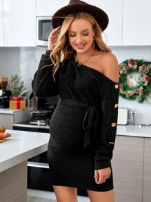 SHEIN Váy Bà bầu Bất đối xứng Thắt lưng Nút giả màu trơn Thanh lịch - màu đen - Xem 5