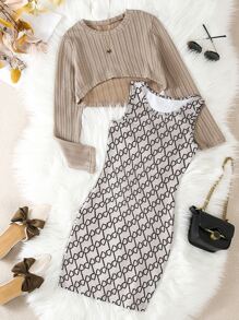 Girls High Low Hem Tee & Allover Print Tank Dress - Multicolor - View 1