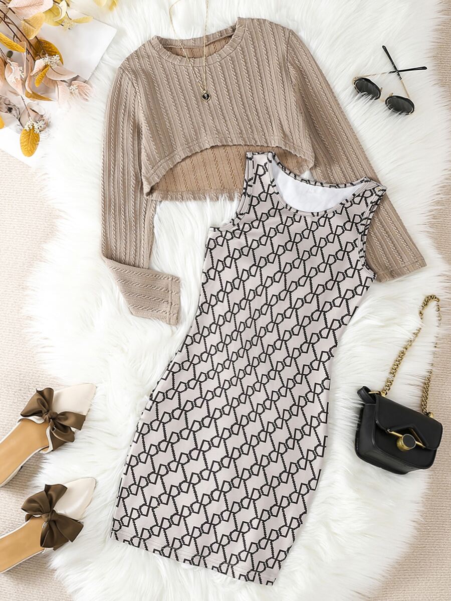 Girls High Low Hem Tee & Allover Print Tank Dress - Multicolor - View 1