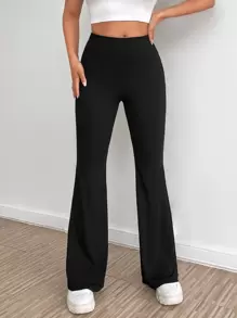 SHEIN EZwear Pantalones acampanados unicolor tejido de canalé - Negro - Ver 1