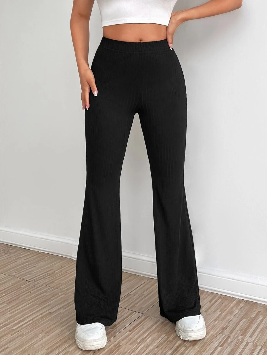 SHEIN EZwear Pantalones acampanados unicolor tejido de canalé - Negro - Ver 1