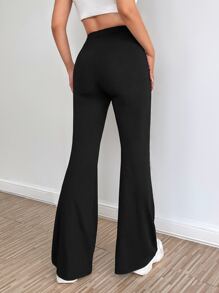 SHEIN EZwear Pantalones acampanados unicolor tejido de canalé - Negro - Ver 2