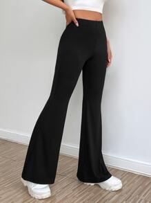 SHEIN EZwear Pantalones acampanados unicolor tejido de canalé - Negro - Ver 5
