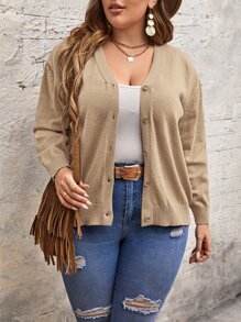 SHEIN LUNE 大碼素色前紐扣開襟衫 - 杏色 - 查看 1