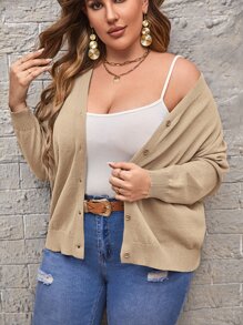 SHEIN LUNE 大碼素色前紐扣開襟衫 - 杏色 - 查看 4