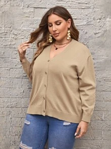 SHEIN LUNE 大碼素色前紐扣開襟衫 - 杏色 - 查看 5