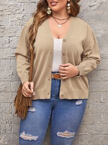 SHEIN LUNE 大碼素色前紐扣開襟衫 - 杏色 - 查看 6